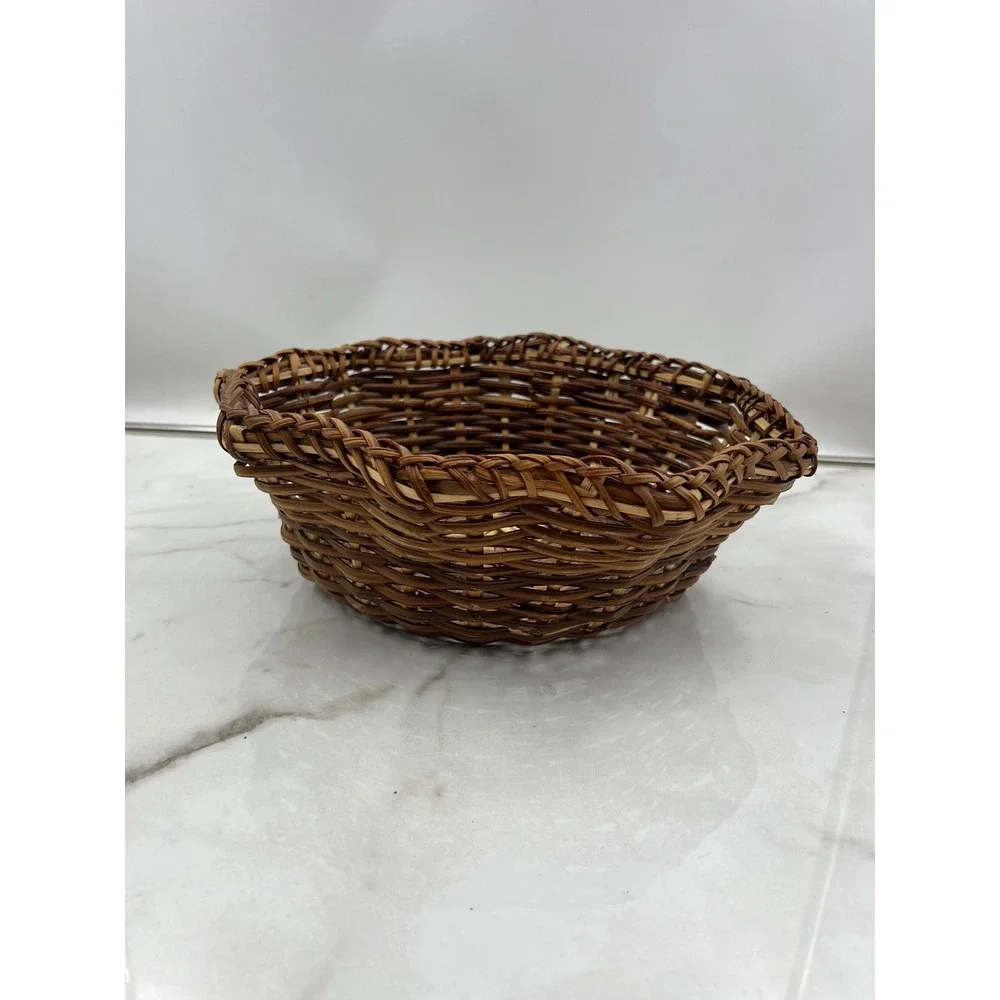 Vintage Scalloped Wicker Basket Handwoven Two Tone Brown Round Decorative Bowl